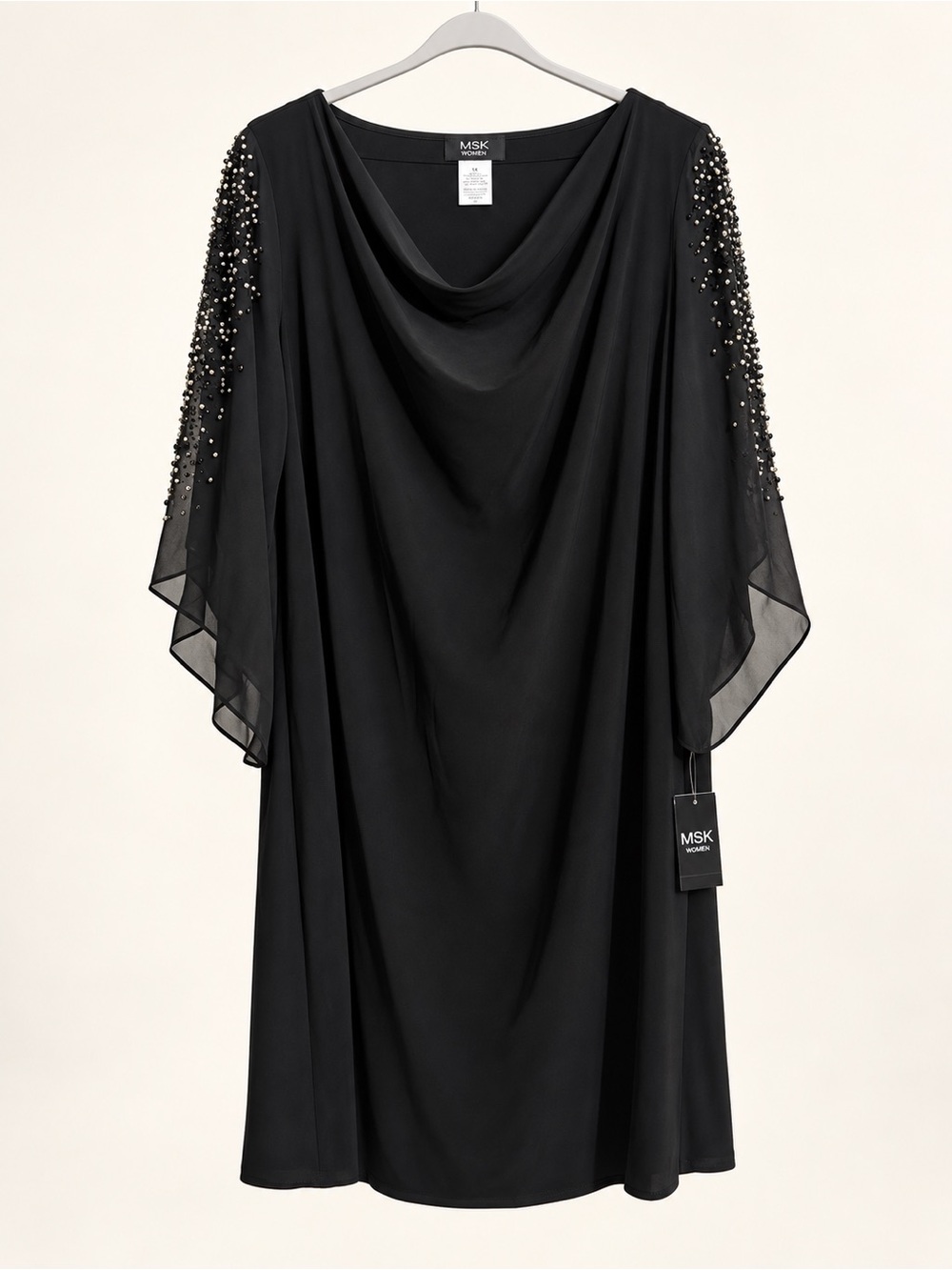 MSK Women Black Beaded Sleeve Cowl Neck Dress | 1X | New With Tags